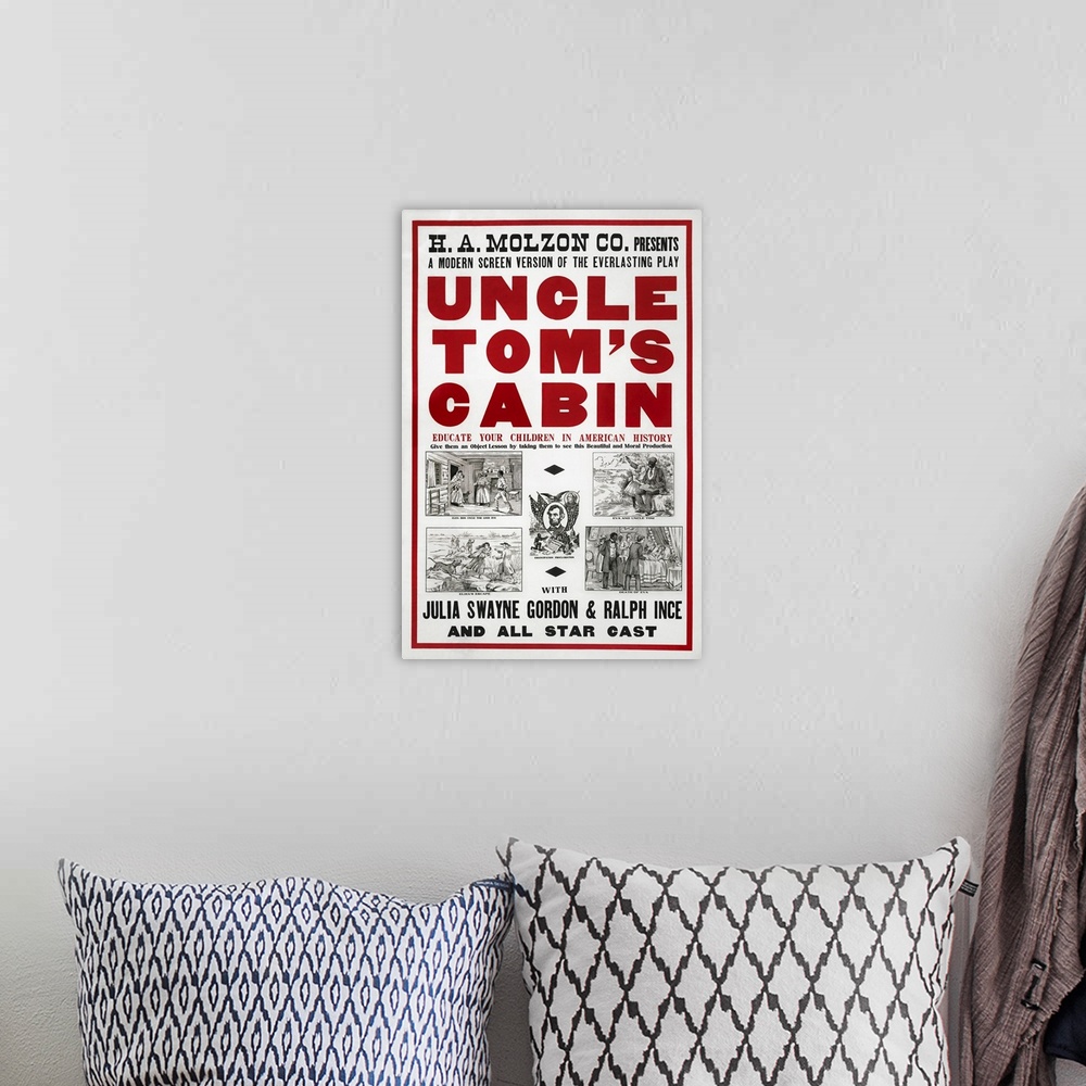 A bohemian room featuring American history poster depicts a promotion to a film adaptation of Uncle Tomos Cabin.