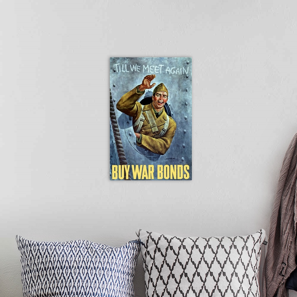 Digitally Restored Vector War Propaganda Poster. Till We Meet Again, Buy War Bonds | Large Stretched Canvas, Black Floating Frame Wall Art Print 