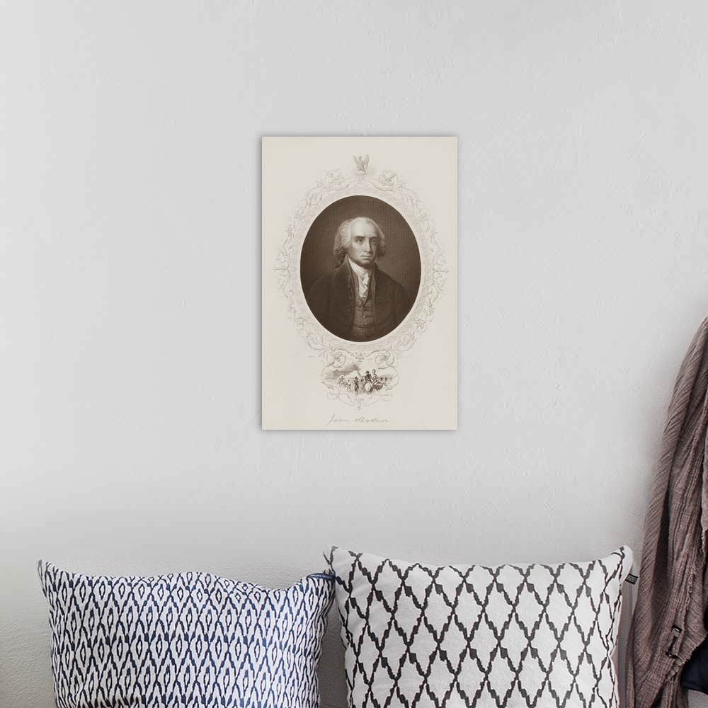 A bohemian room featuring Engraved portrait of the 4th President of the United States, James Madison.