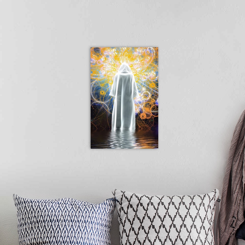 A bohemian room featuring Figure in bright white cloak stands on water.