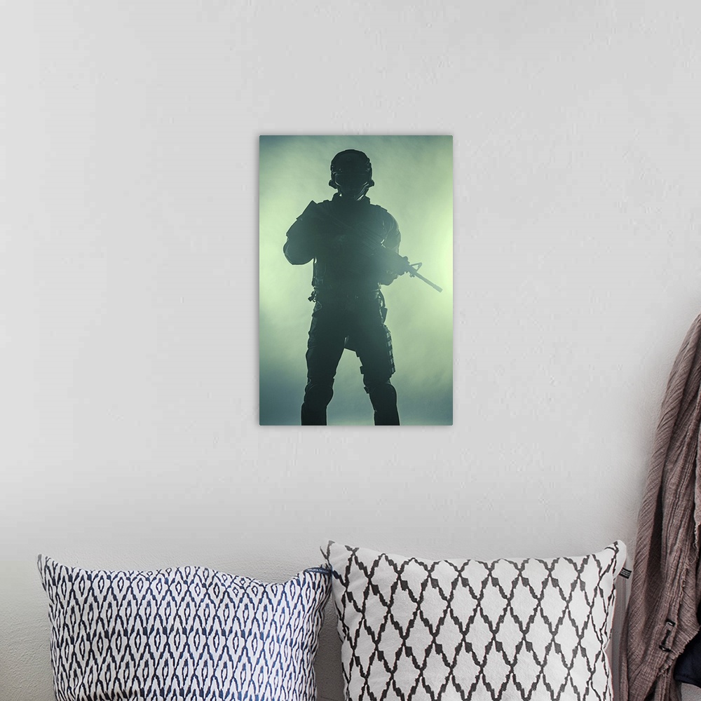 A bohemian room featuring Studio shot of SWAT police special forces, green background.