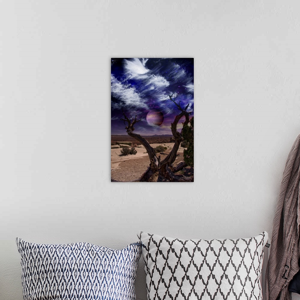 A bohemian room featuring Surreal landscape. Desert tree and giant moon in the sky.