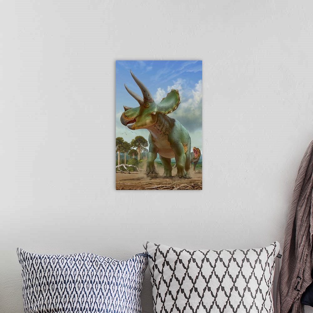 A bohemian room featuring Triceratops running away from a T-rex chasing after it.