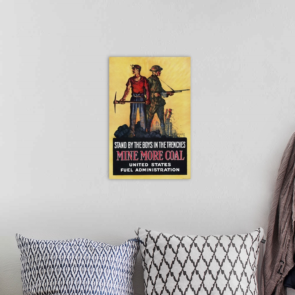 A bohemian room featuring U.S. history print of a miner and a soldier standing alongside each other holding a pickaxe and a...