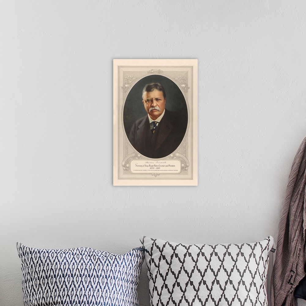 A bohemian room featuring Vintage American History print of President Theodore Roosevelt.