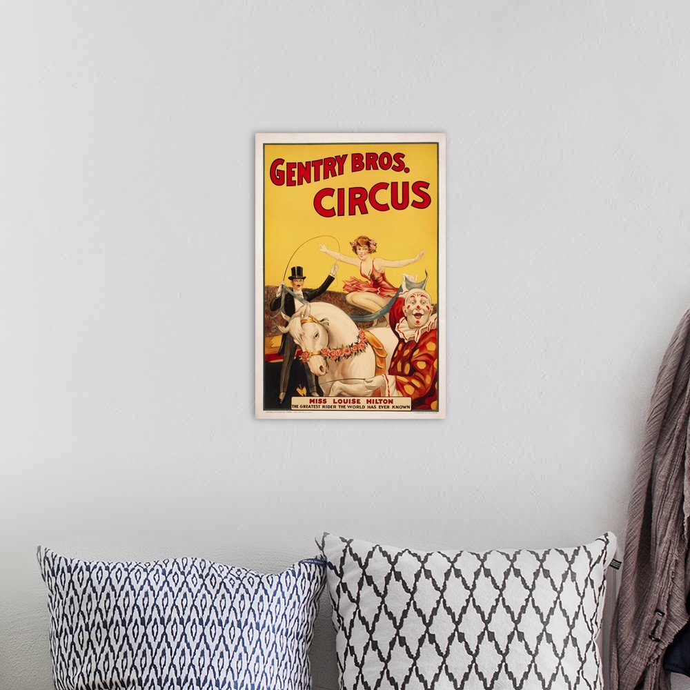 A bohemian room featuring Vintage Gentry Bros. Circus poster.