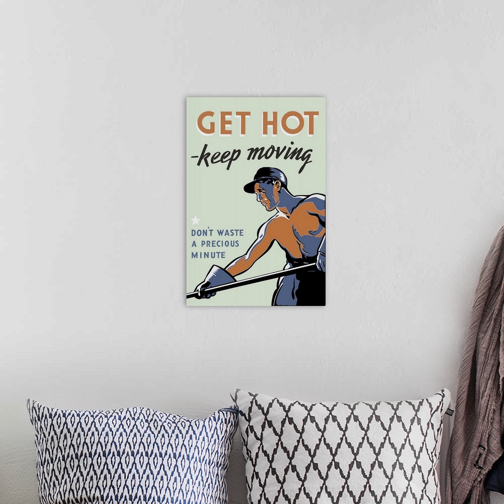 A bohemian room featuring Vintage propaganda poster featuring a worker shoveling coal.