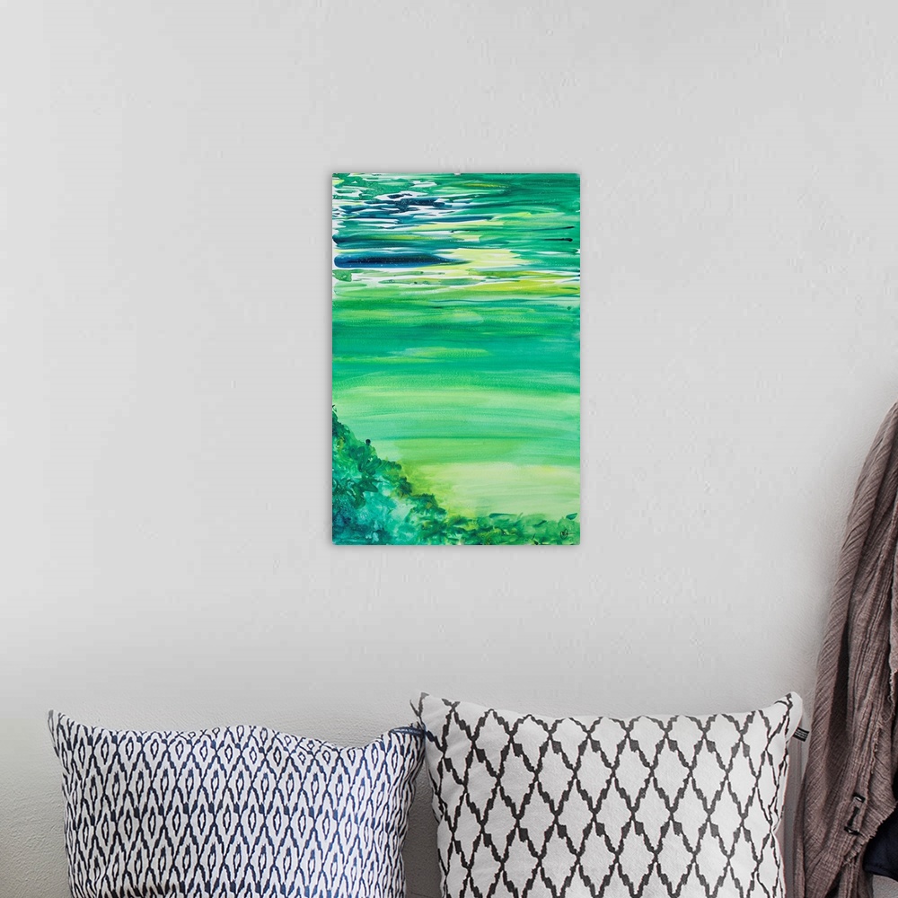 A bohemian room featuring A contemporary abstract painting with blue, green, and yellow hues.