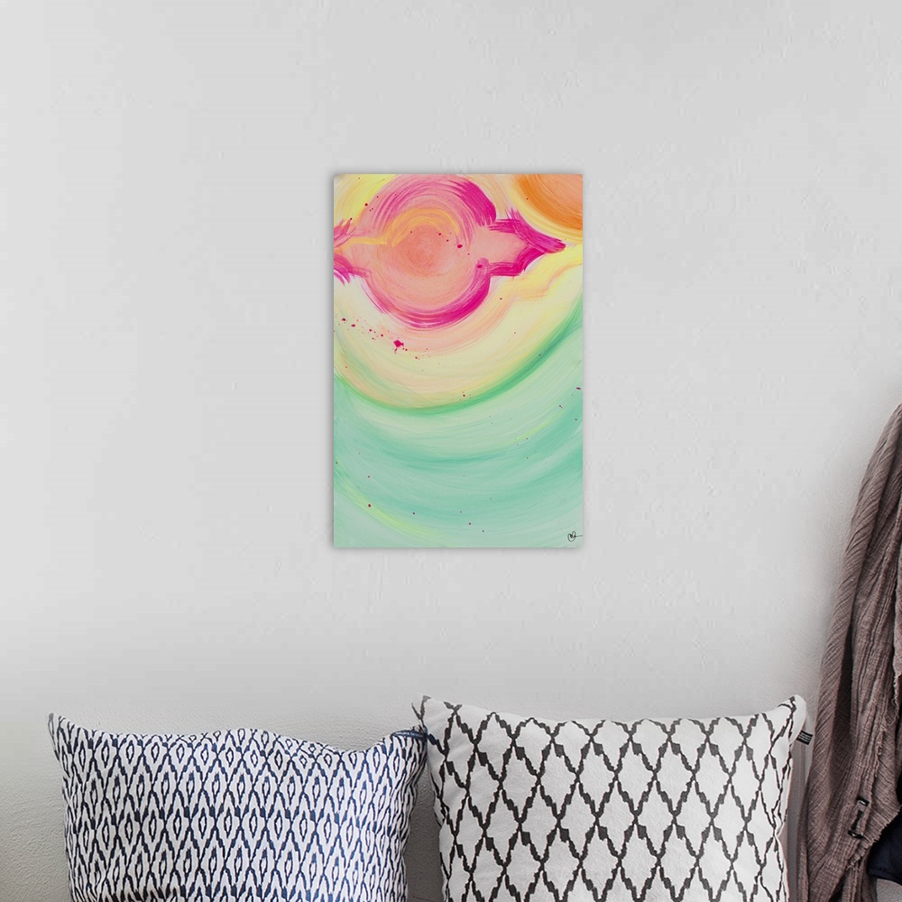 A bohemian room featuring An abstract watercolor painting with bright and fun colors.