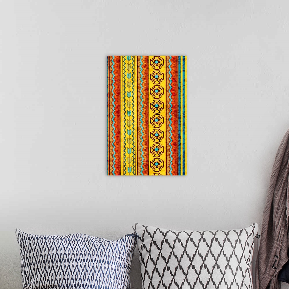 A bohemian room featuring A bright tribal patterned design.