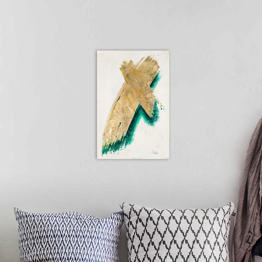 A bohemian room featuring Abstract painting with two brushstrokes creating an "X" shape in metallic gold with a teal underlay.