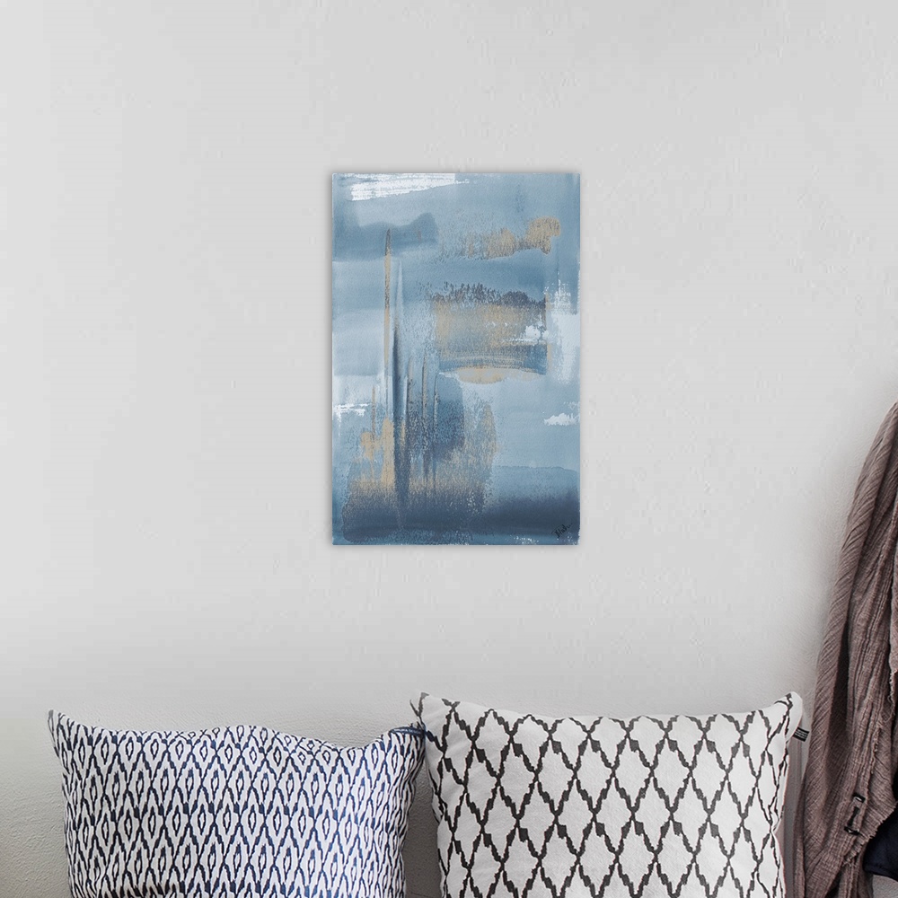 A bohemian room featuring A vertical abstract painting with blue gray tones and texture that creates movement.
