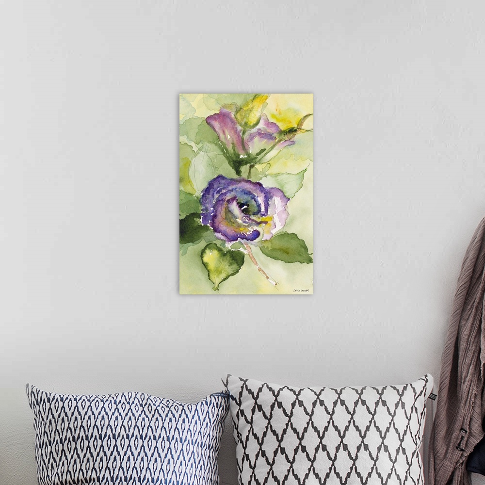 A bohemian room featuring Contemporary artwork featuring purple watercolor flowers against a green background with mark mak...