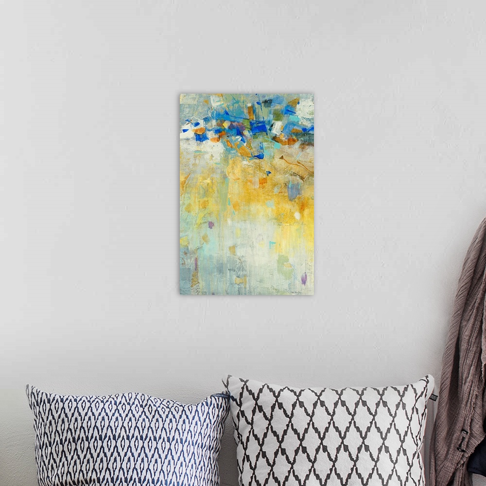 A bohemian room featuring This vertical abstract painting is created with differ styles of brush strokes and layers of pain...