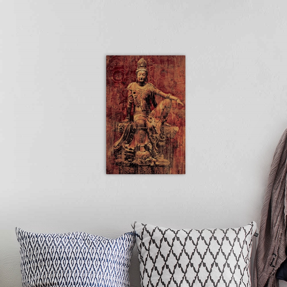 A bohemian room featuring Contemporary painting of an ancient looking statue of Buddha.