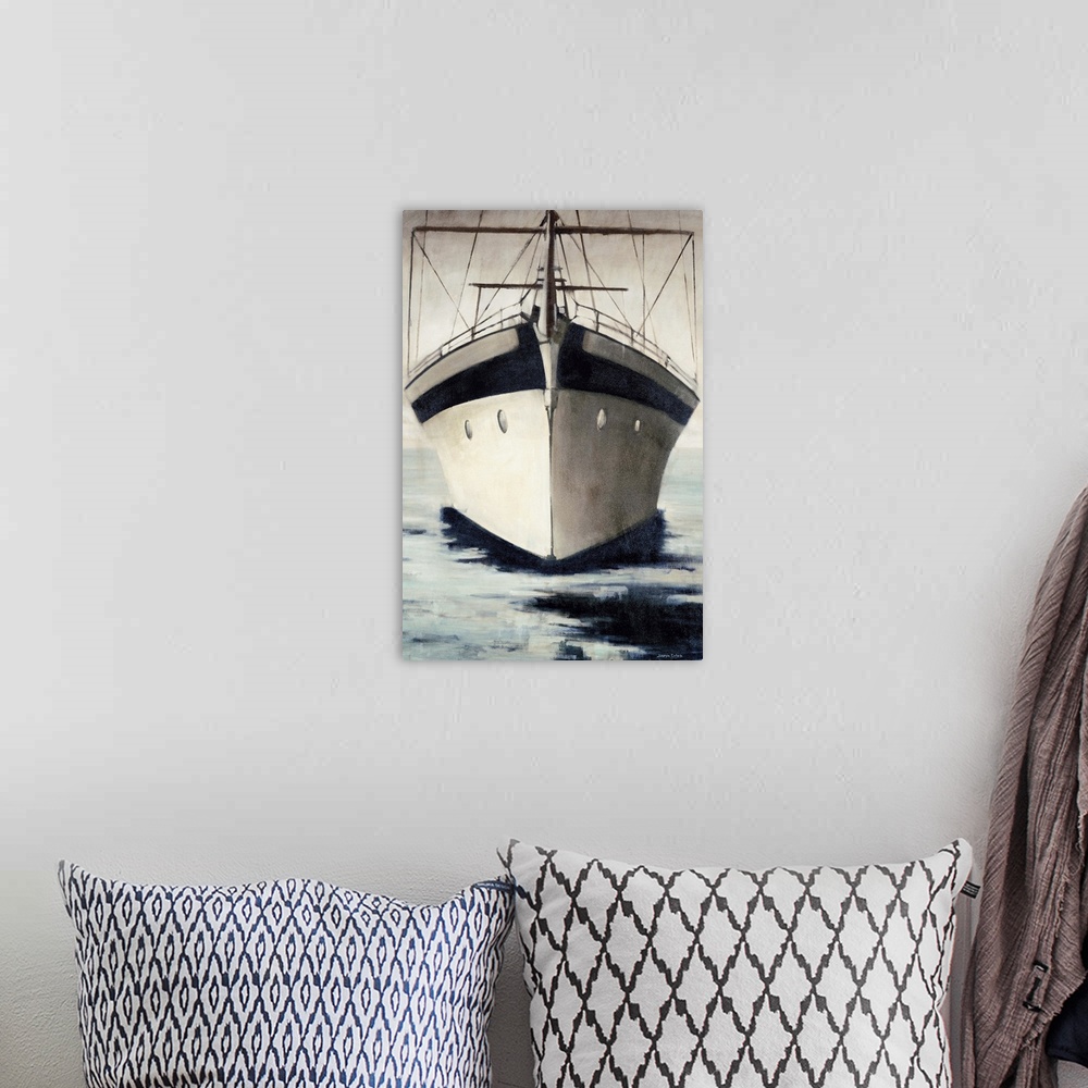 A bohemian room featuring Painting of the bow of a large sailboat on the water.