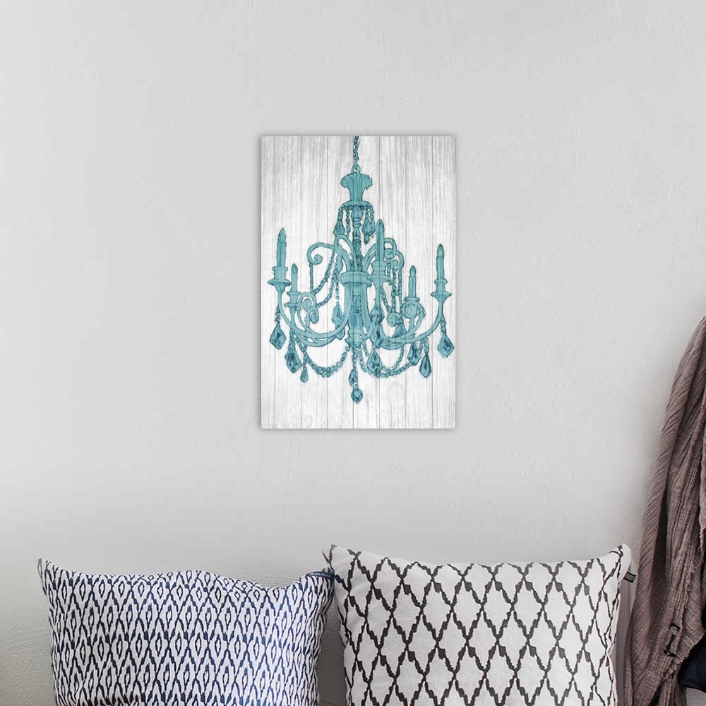 A bohemian room featuring Contemporary artwork of a teal chandelier against a gray background.