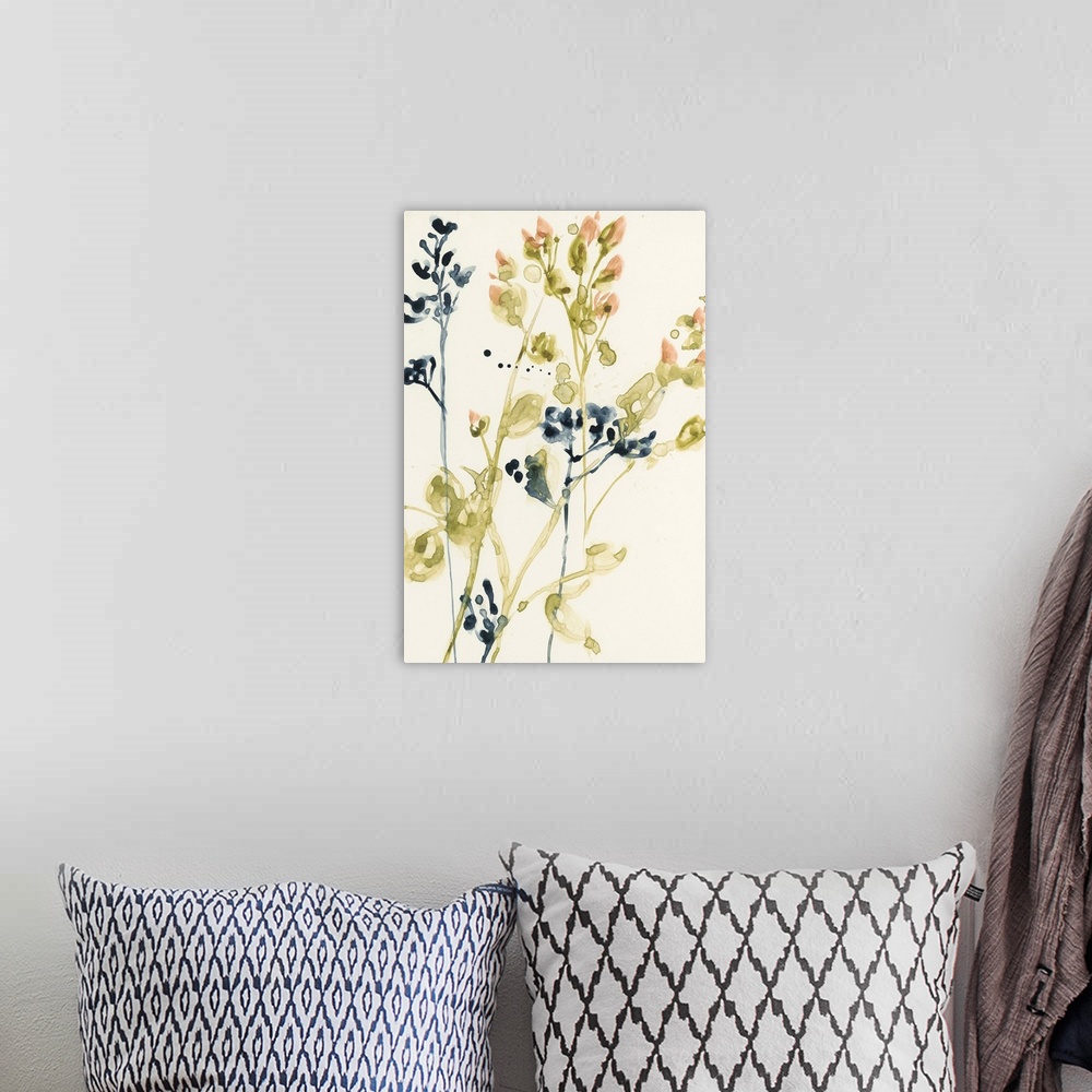 A bohemian room featuring Watercolor flower buds against a tan background.
