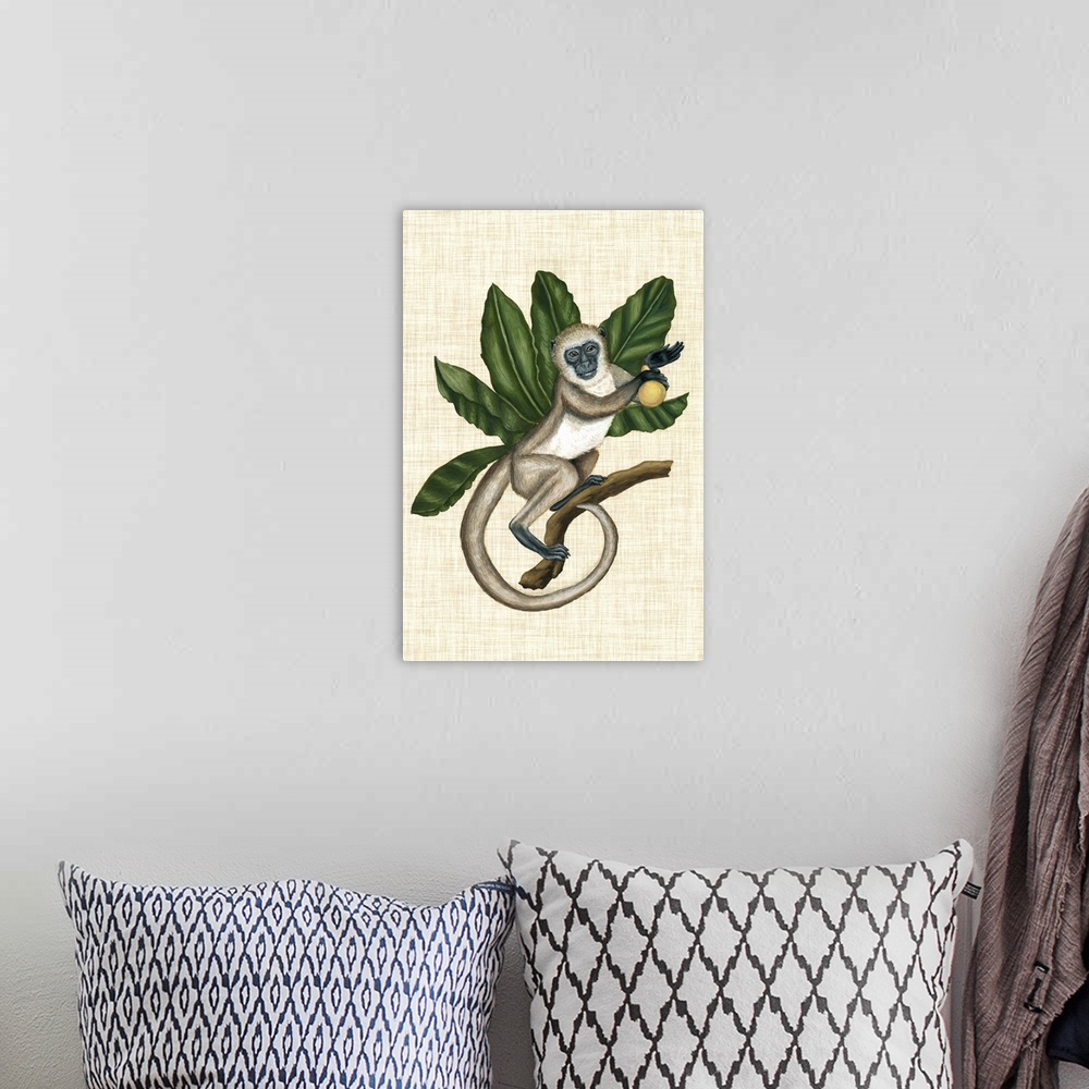 A bohemian room featuring Vintage stylized scientific wildlife illustration of a monkey with tropical leaves against a burl...