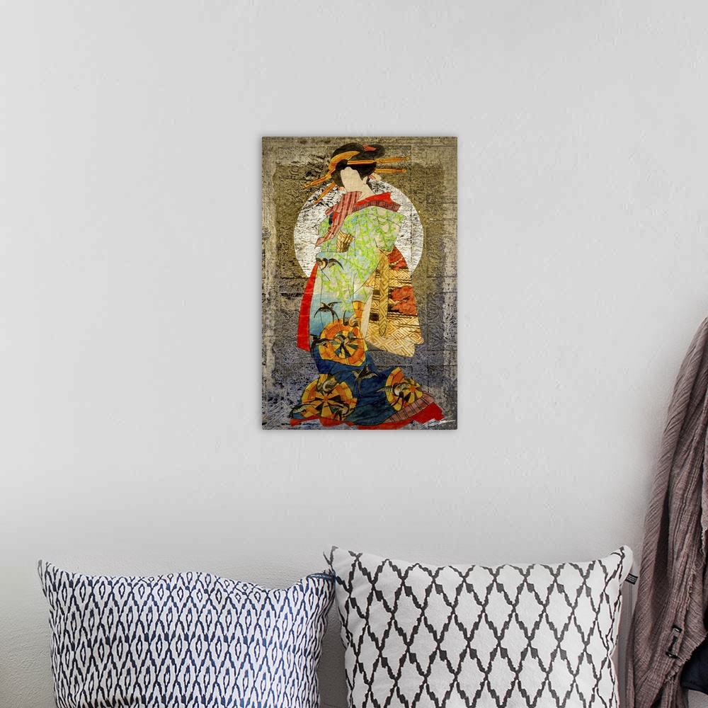 A bohemian room featuring Colorful artwork of a woman wearing a floral kimono.