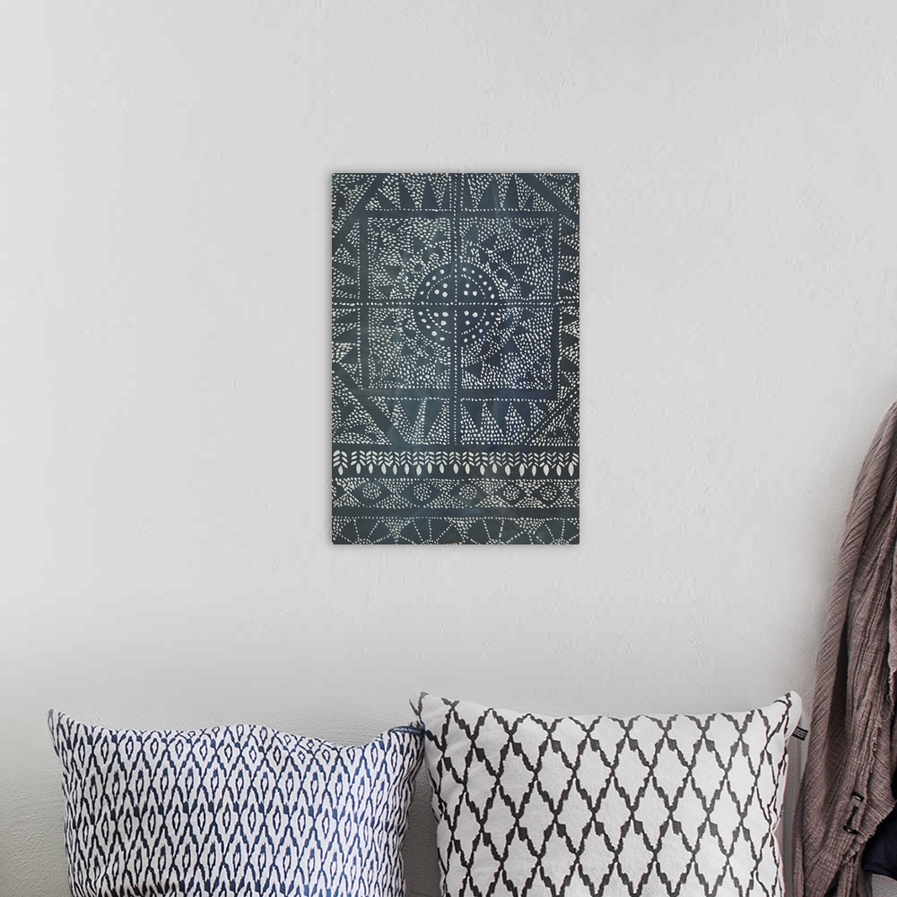 A bohemian room featuring Intricate dots and short brush strokes complete an elaborate pattern over a indigo background in ...