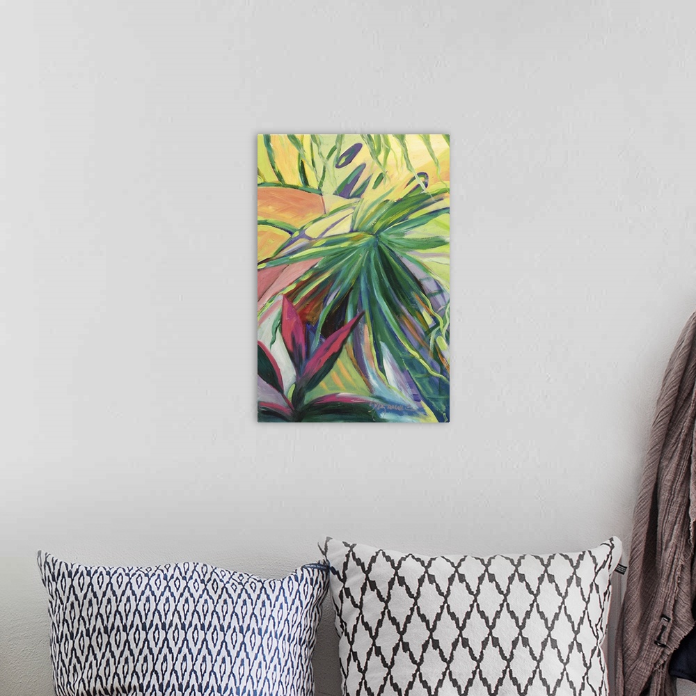 A bohemian room featuring Tropical painting of bright green palm leaves and red flowers.