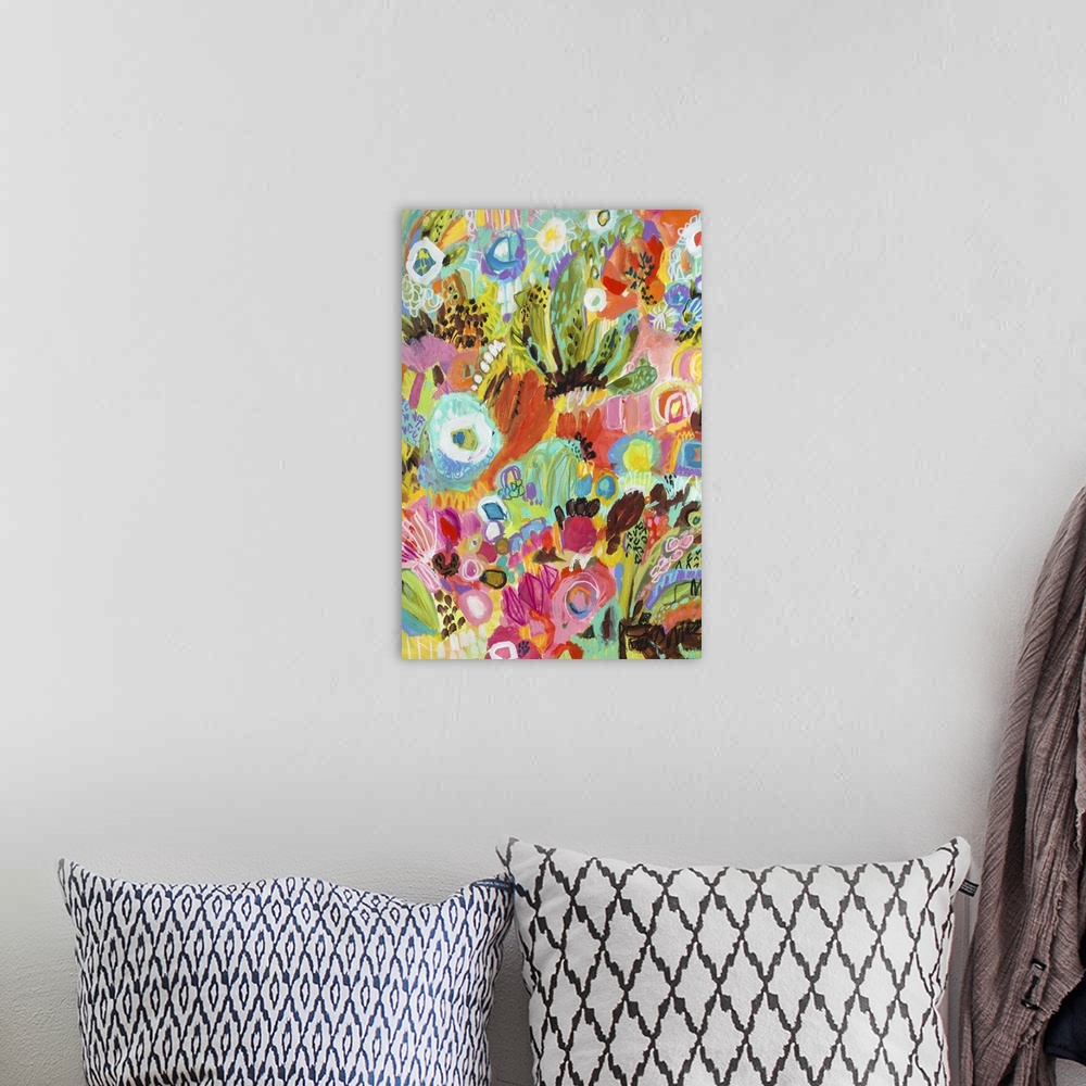 A bohemian room featuring Contemporary art print of an abstract garden filled with colorful flowers.