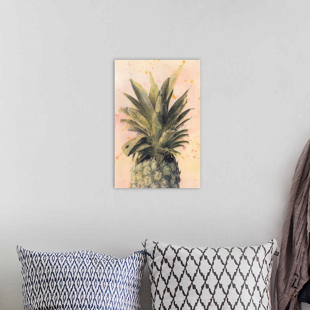 A bohemian room featuring Contemporary rustic artwork of a pineapple against a beige background.