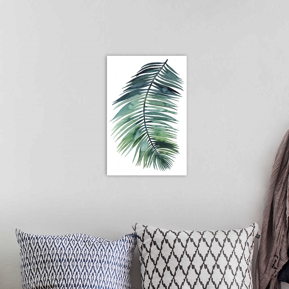 A bohemian room featuring Simple watercolor illustration of a green palm frond on white.