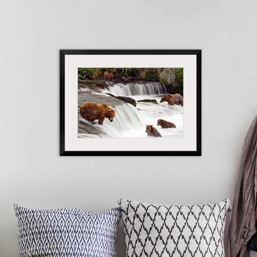 A bohemian room featuring Big canvas print of brown bears trying to catch fish near a small waterfall in the forest.