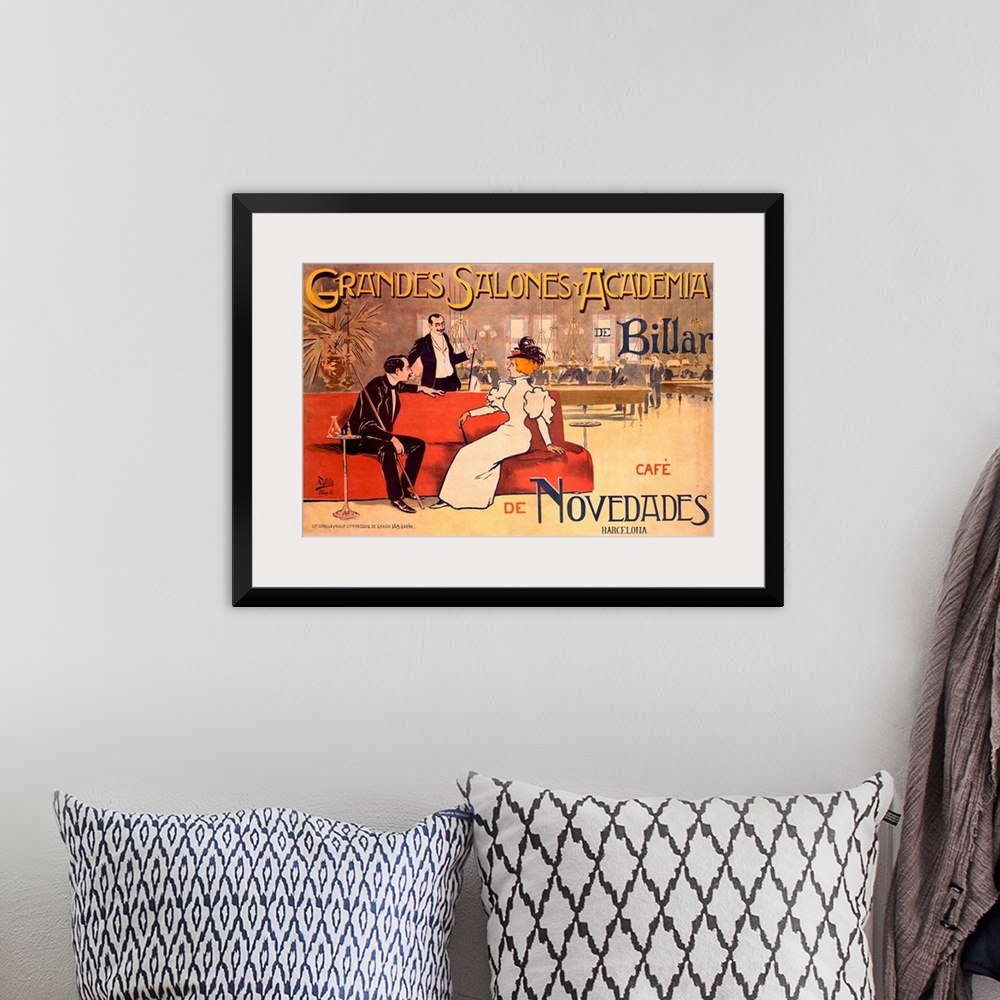 A bohemian room featuring A horizontal, vintage advertising poster of a lounge and billiards club; in the foreground with t...