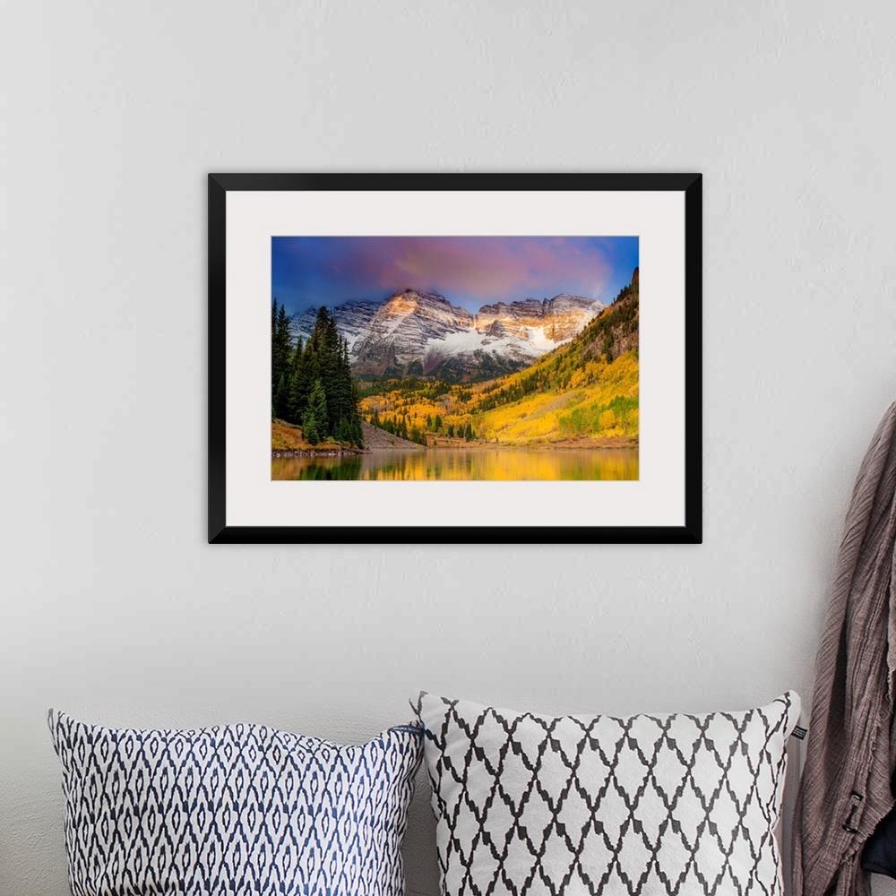 A bohemian room featuring mountains, forest, by the water, color photographcolorado