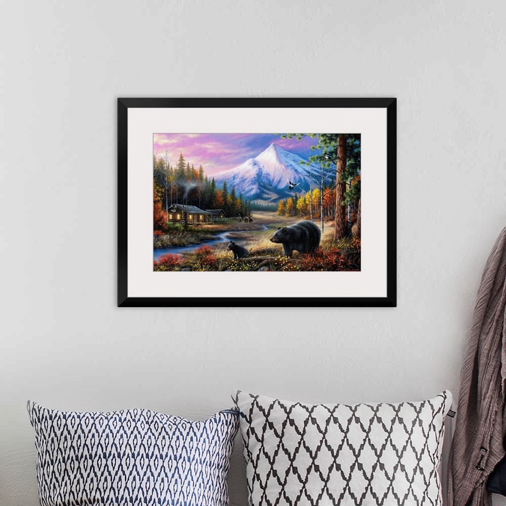 A bohemian room featuring Contemporary landscape painting of a cabin the the woods with mountains in the background and two...