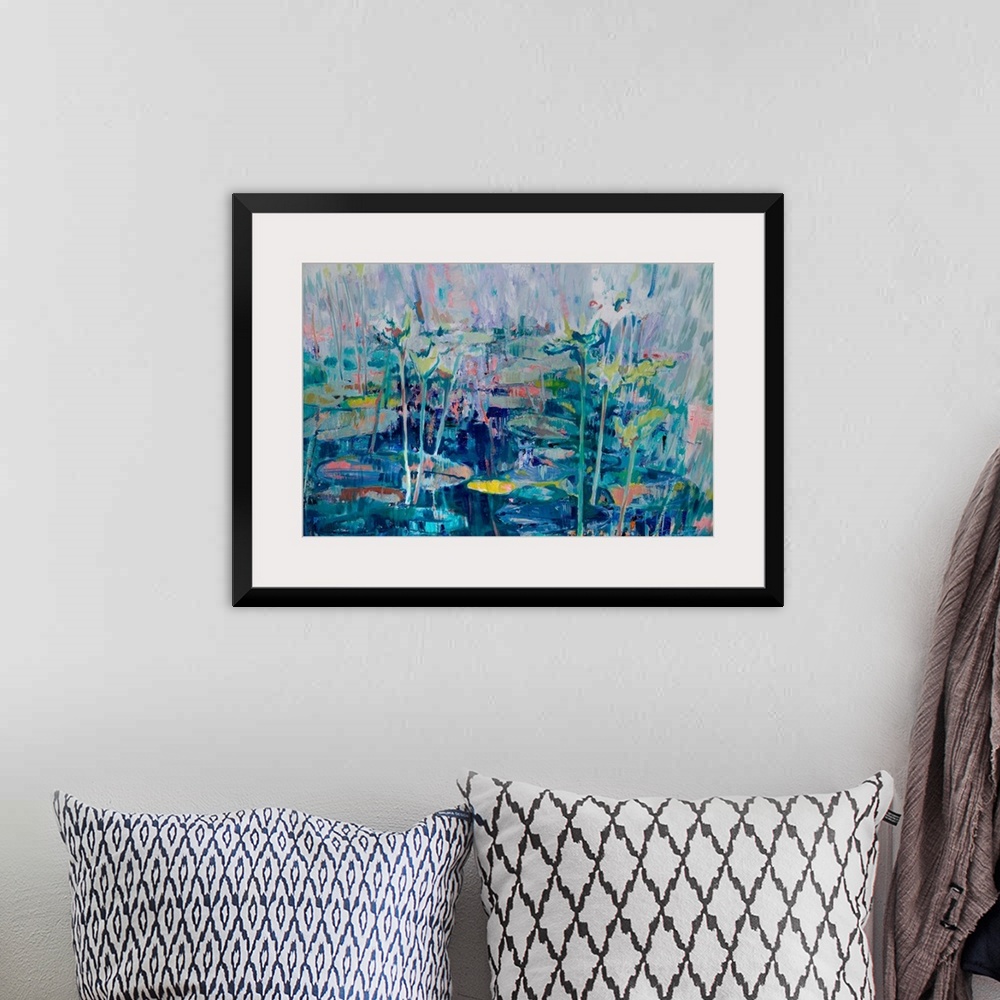 A bohemian room featuring An abstract of waterlilies in a small pond, partly in shade and under the bright morning light.