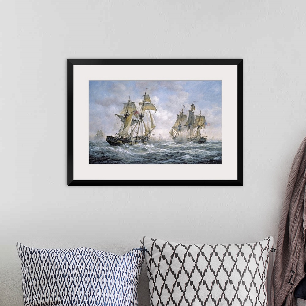 A bohemian room featuring Large contemporary art portrays a battle between two warships belonging to the United States of A...