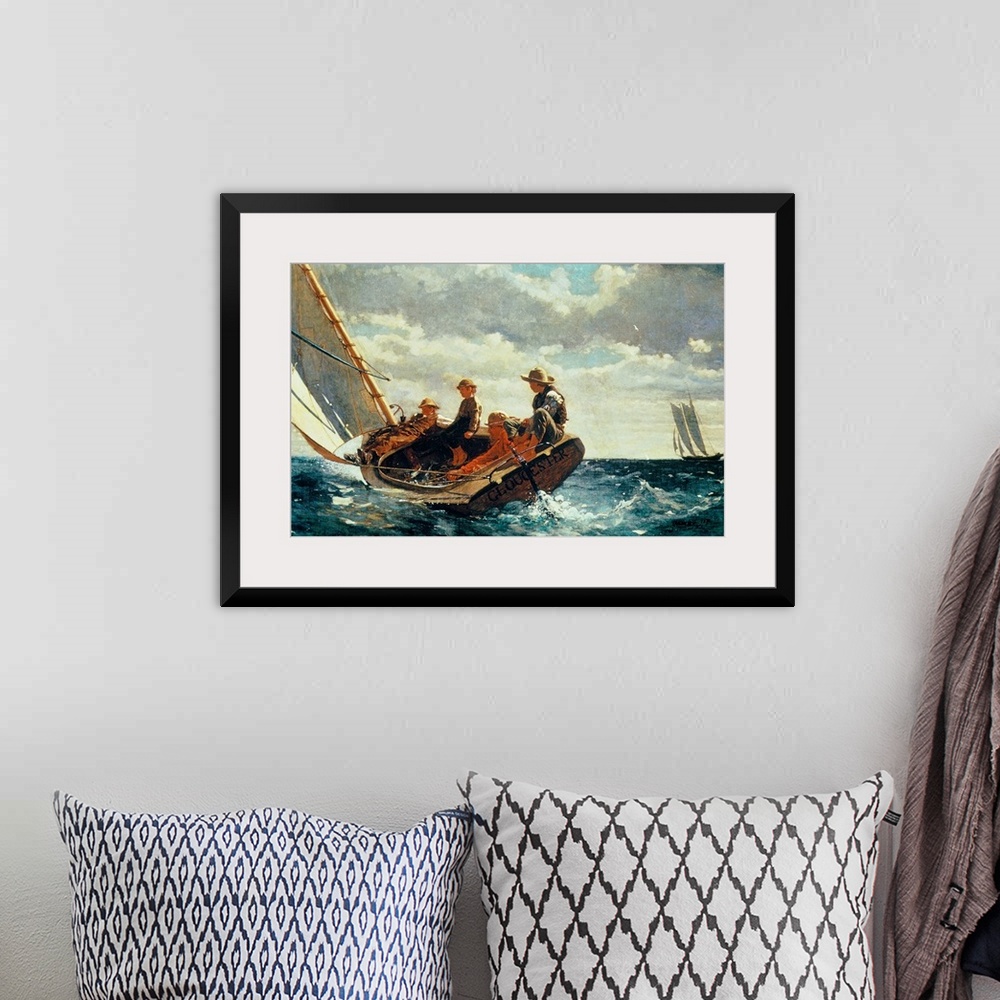 A bohemian room featuring Horizontal, large classic art painting of four people on a sailboat that is nearly tipping into r...