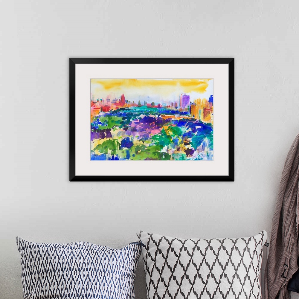 A bohemian room featuring Contemporary abstract painting of Central Park with vibrant water colors.