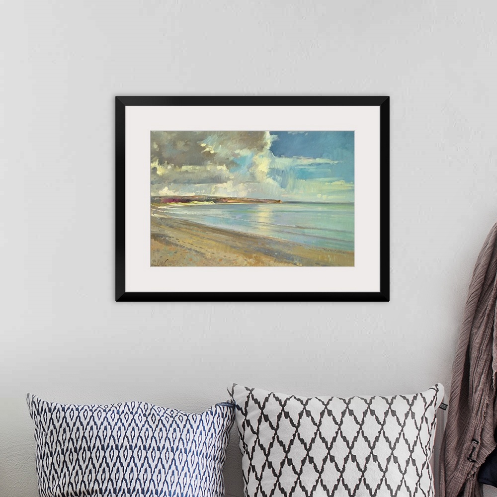 A bohemian room featuring A contemporary, realistic landscape painting of a sandy beach on a partially cloud day.