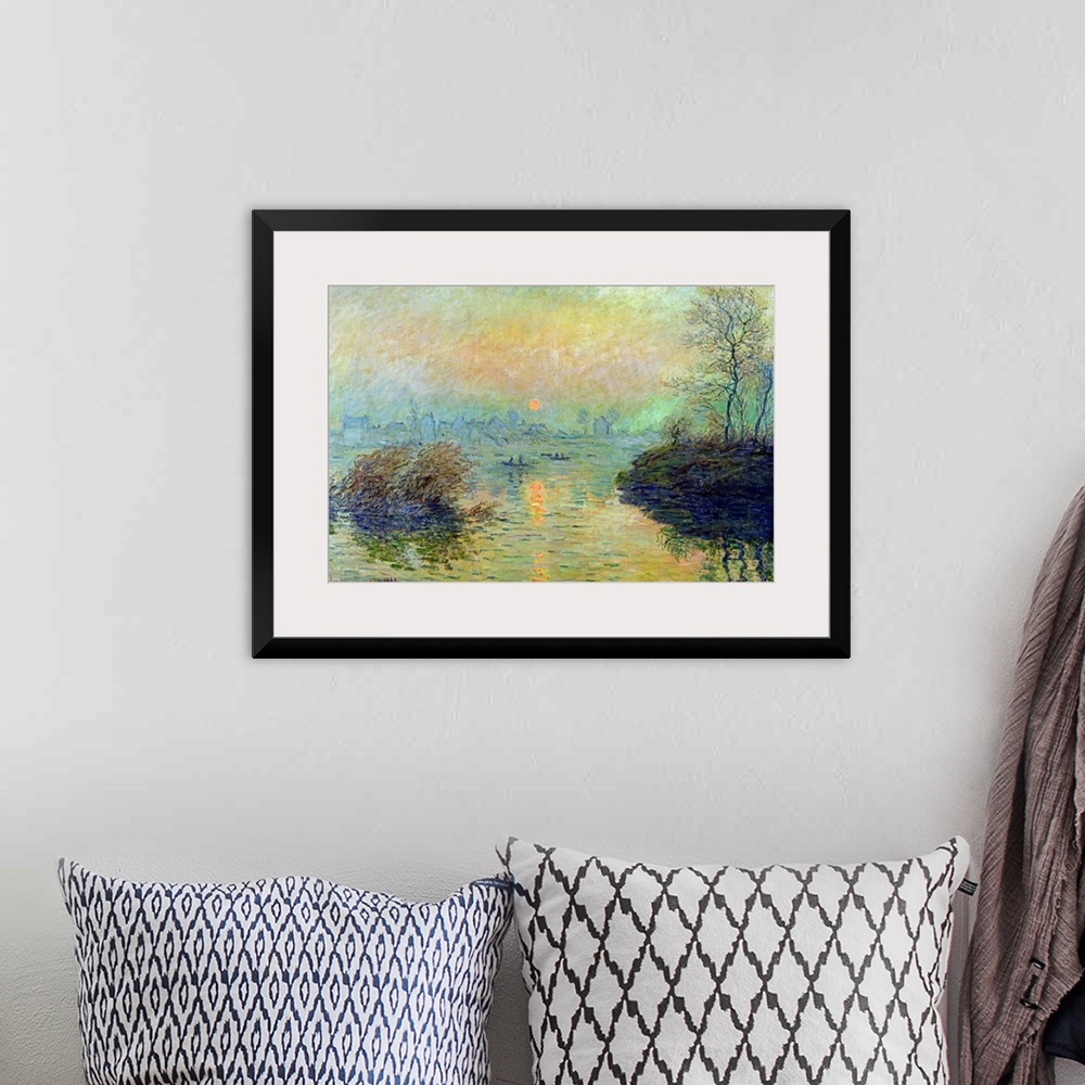 A bohemian room featuring Landscape painting from an Impressionist masterof boats paddling in a river as the sun sets.