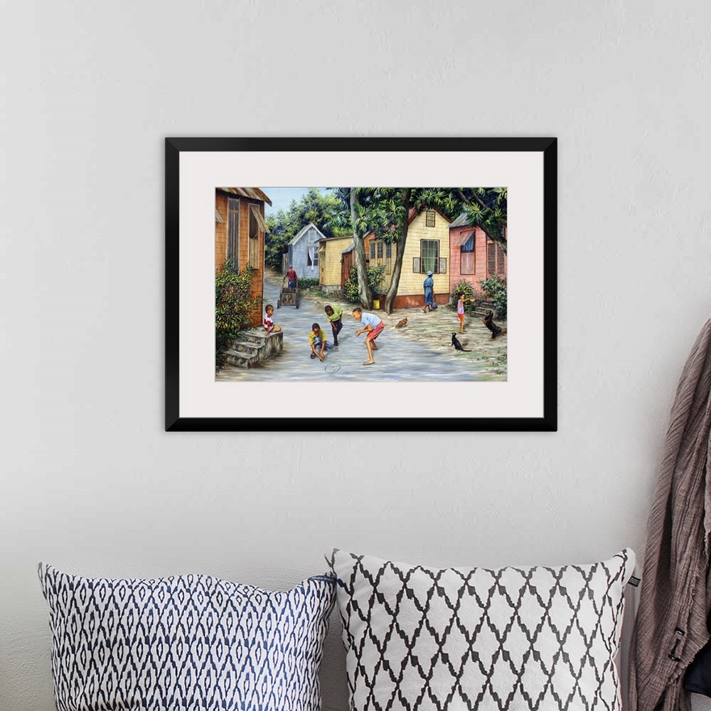 A bohemian room featuring Big contemporary art shows a daily life scene of children in Barbados playing jacks and feeding a...