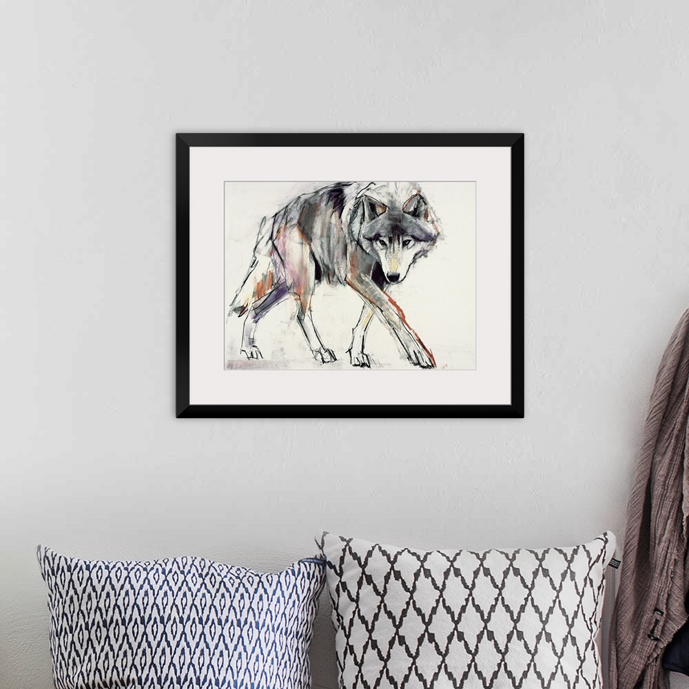 A bohemian room featuring A sketchy, gestural drawing of a wolf on horizontal wall art.