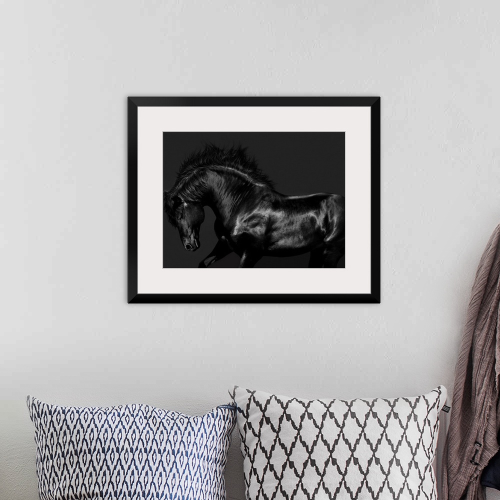 A bohemian room featuring Photograph of a galloping black horse against a black background.