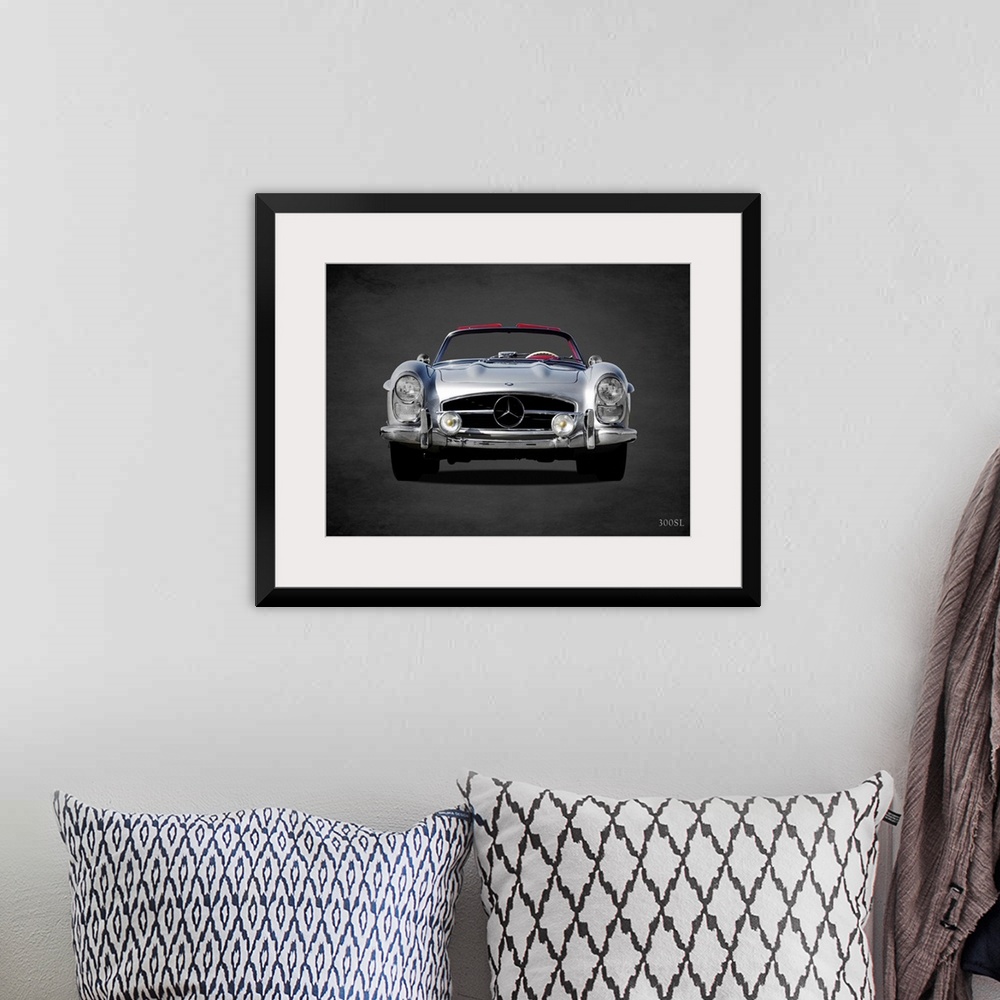 A bohemian room featuring Photograph of a silver 1958 Mercedes Benz 300SL printed on a black background with a dark vignette.