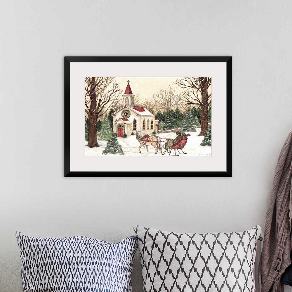 A bohemian room featuring A vintage Christmas Church scene captures a time past.
