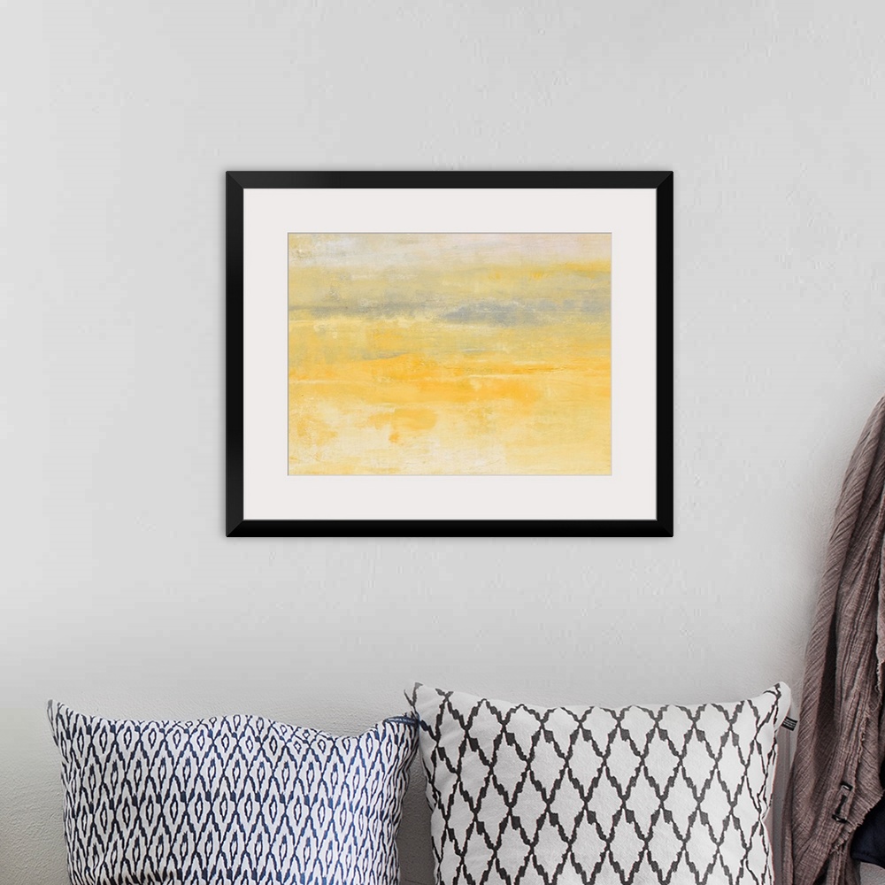 A bohemian room featuring Contemporary abstract painting using pale yellow and gray.