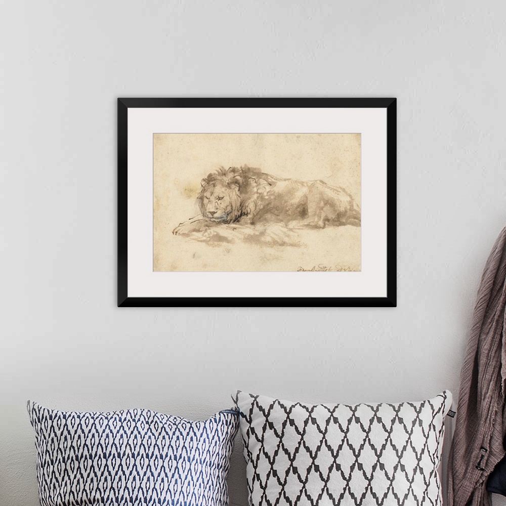 A bohemian room featuring Reclining Lion, by Rembrandt van Rijn, c. 1650-59, Dutch drawing, pen and ink, wash, on paper. Re...