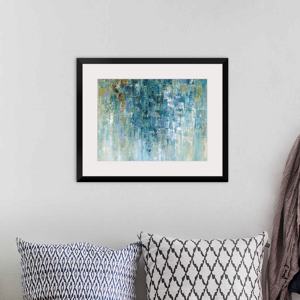 A bohemian room featuring Contemporary abstract art in cool colors with cascading shapes.