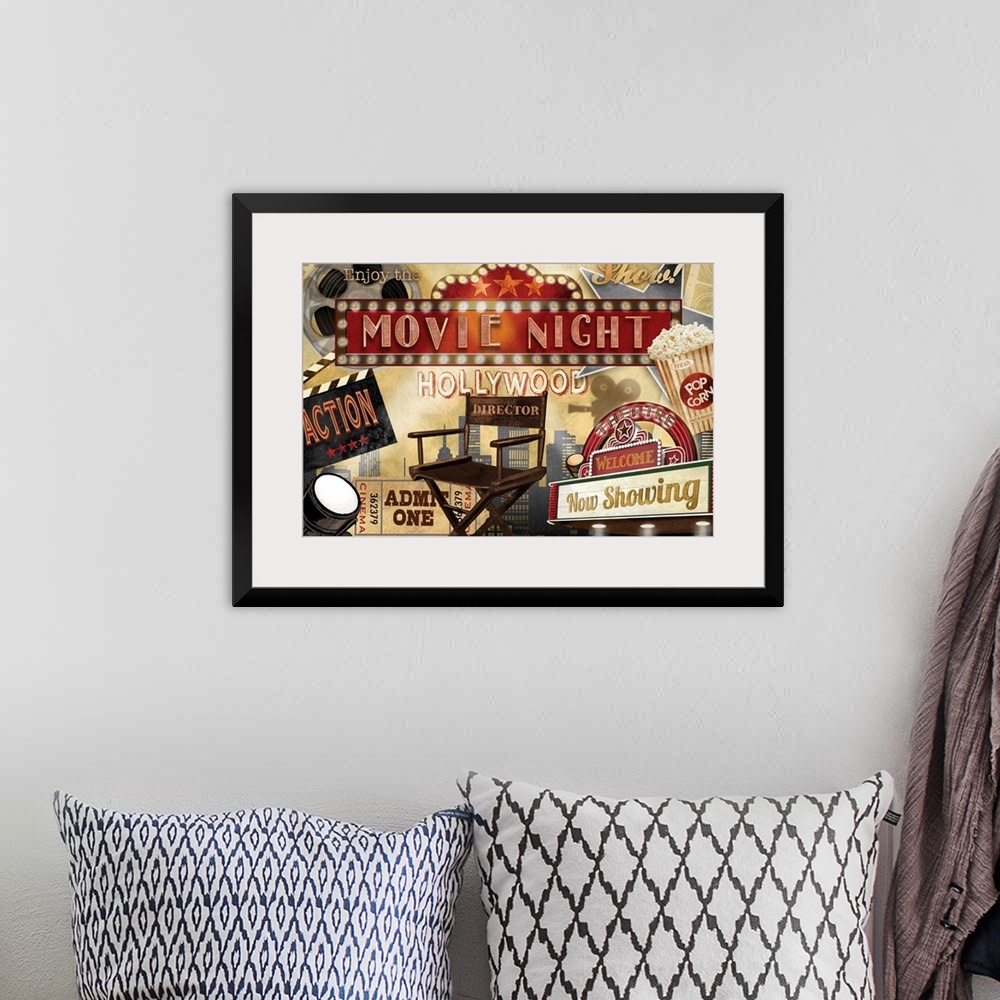 A bohemian room featuring A collage of movie theater themed graphic elements featuring a director's chair, popcorn and othe...