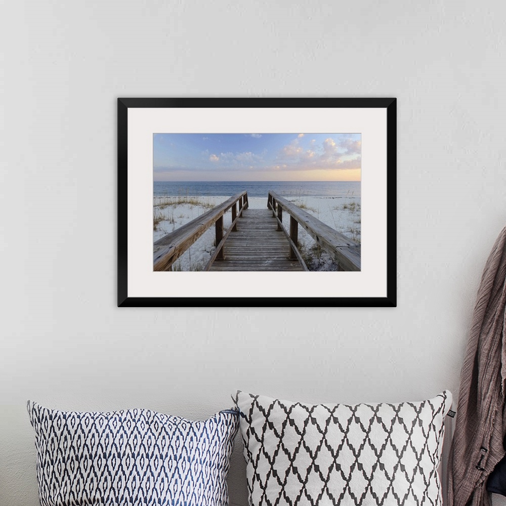 A bohemian room featuring Photograph of a wooden walkway leading to the sandy beach with a Pensacola sunset