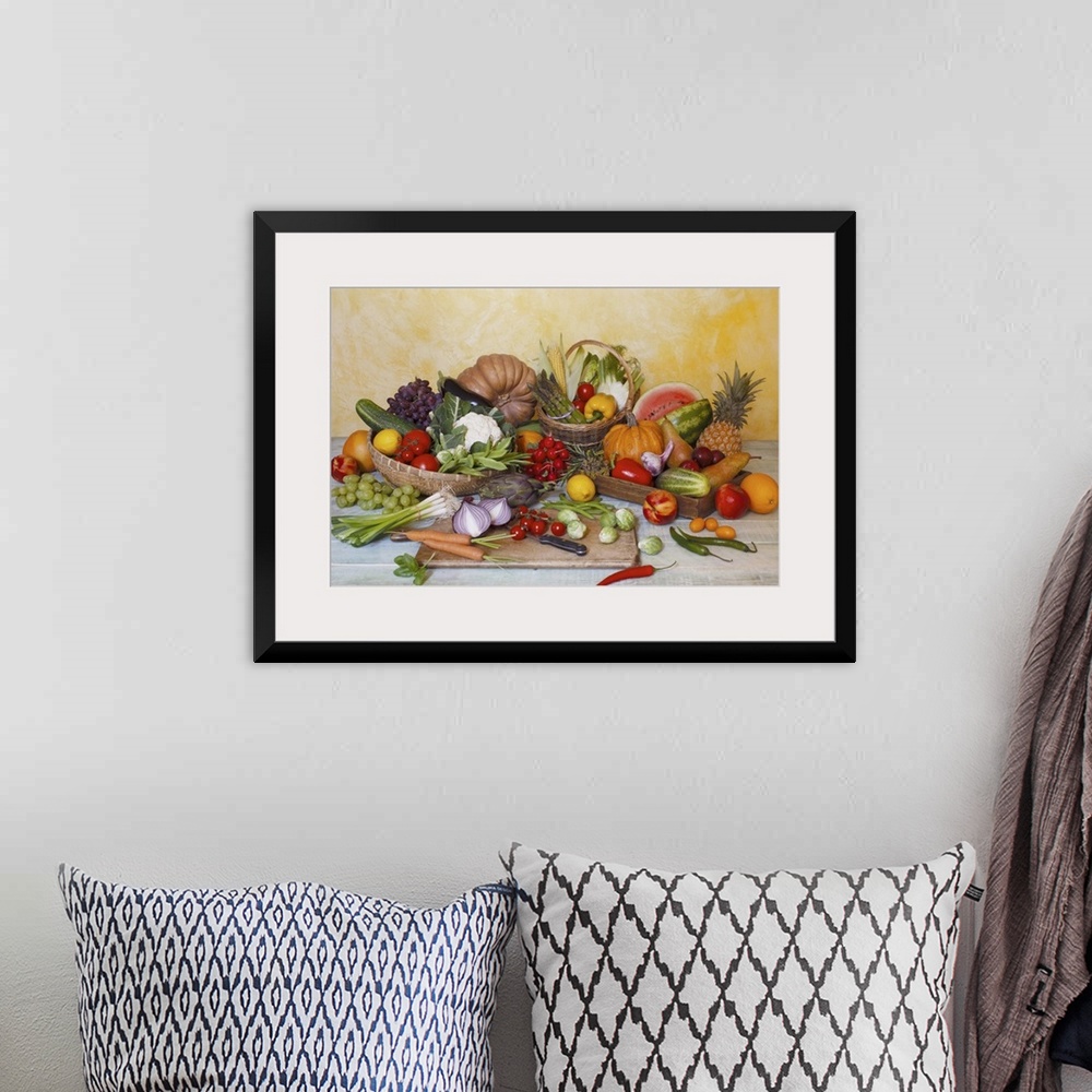 A bohemian room featuring Assorted vegetables and fruits on table